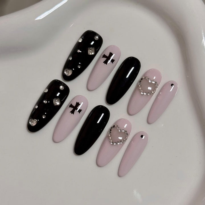Decorative Press-On Nail Art Set with Crystal and Gothic Accents