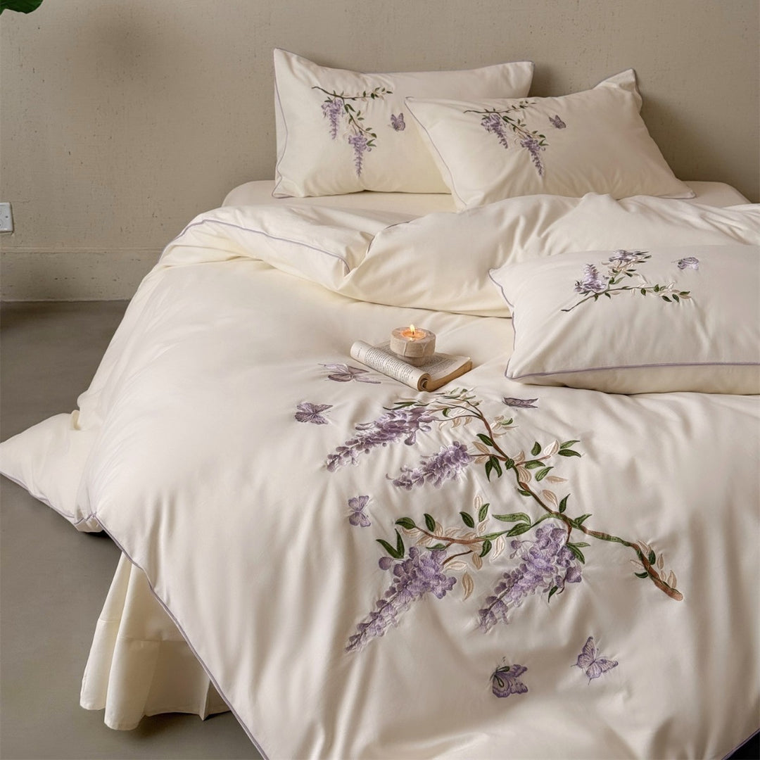 Embroidered Wisteria Cotton Sateen Duvet Cover Set with Piped Pillow Shams