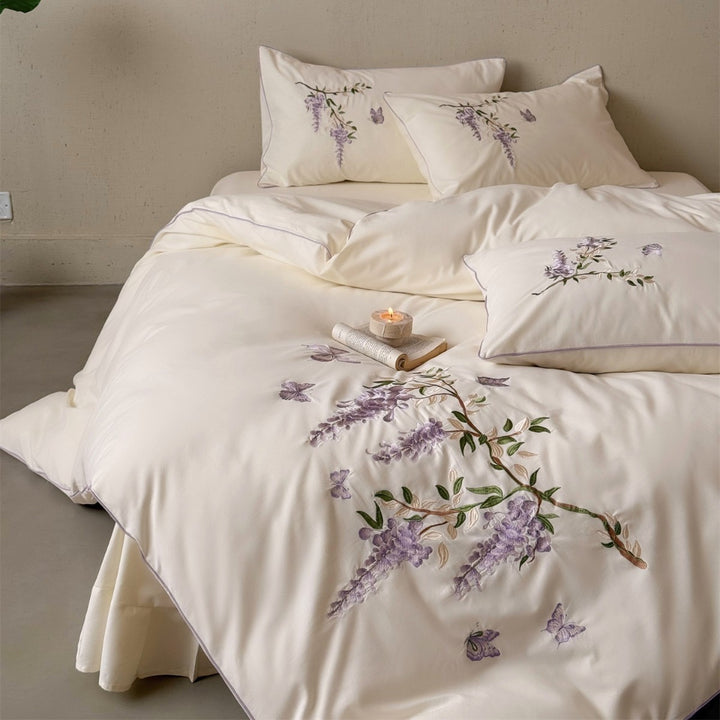 Embroidered Wisteria Cotton Sateen Duvet Cover Set with Piped Pillow Shams