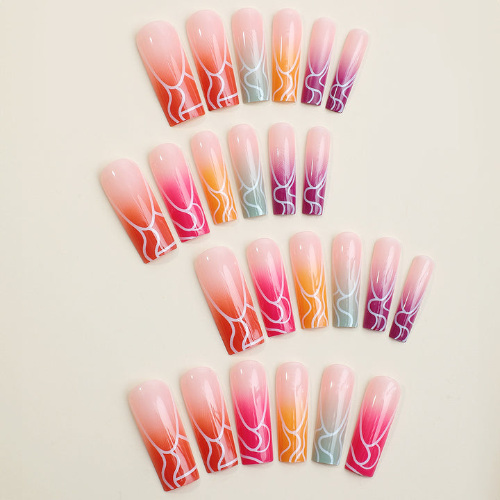Artistic Press-On Nail Set with Gradient Swirl Designs Stornfield