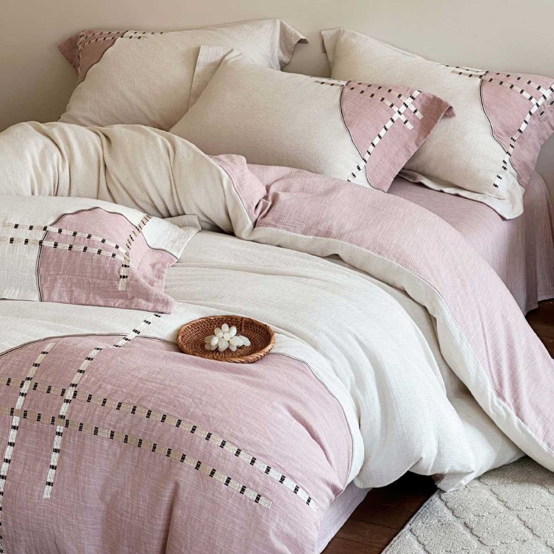 Cotton-Linen Textured Reversible Duvet Cover Set with Patchwork Stitch Detail
