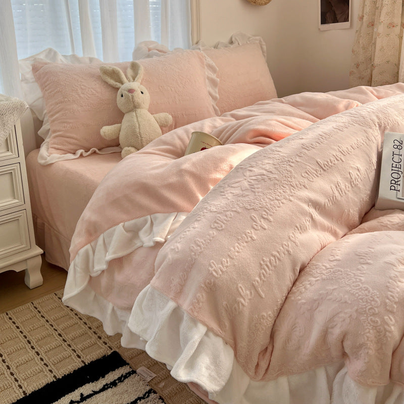 Plush Embossed Velvet-Feel Ruffled Duvet Cover Set with Frilled Pillow Shams
