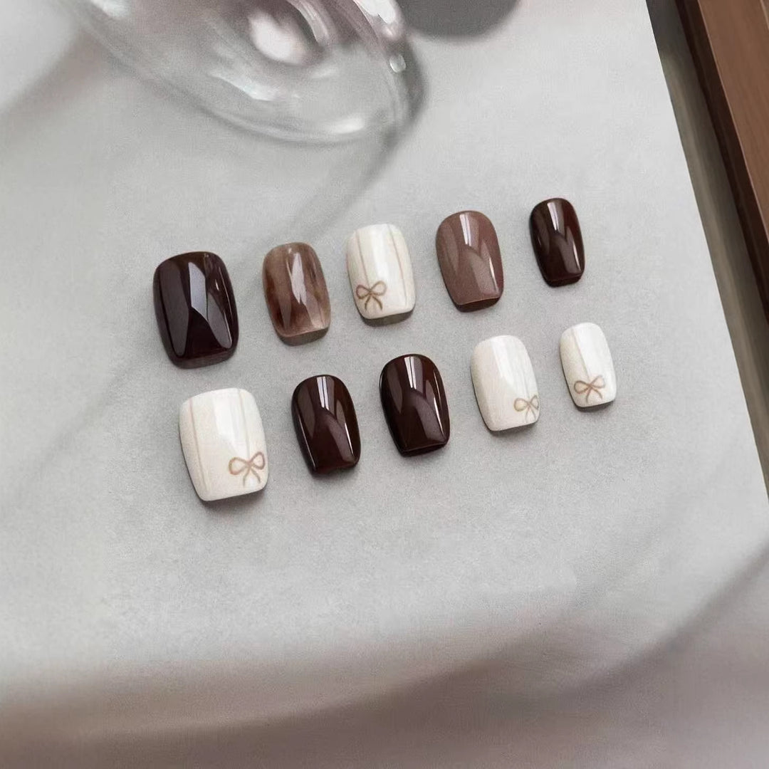 Stylish Glossy Press-On Nail Set with Bow Designs