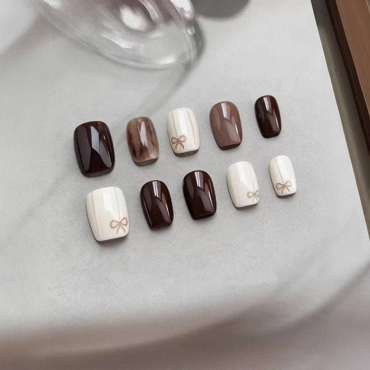 Stylish Glossy Press-On Nail Set with Bow Designs