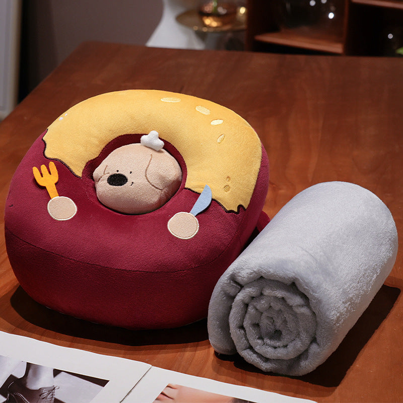 Travel pillow set with ergonomic neck support pillow and integrated microfiber blanket in plush dog design