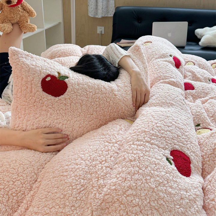 Plush quilt set with rabbit embroidery and Sherpa surface