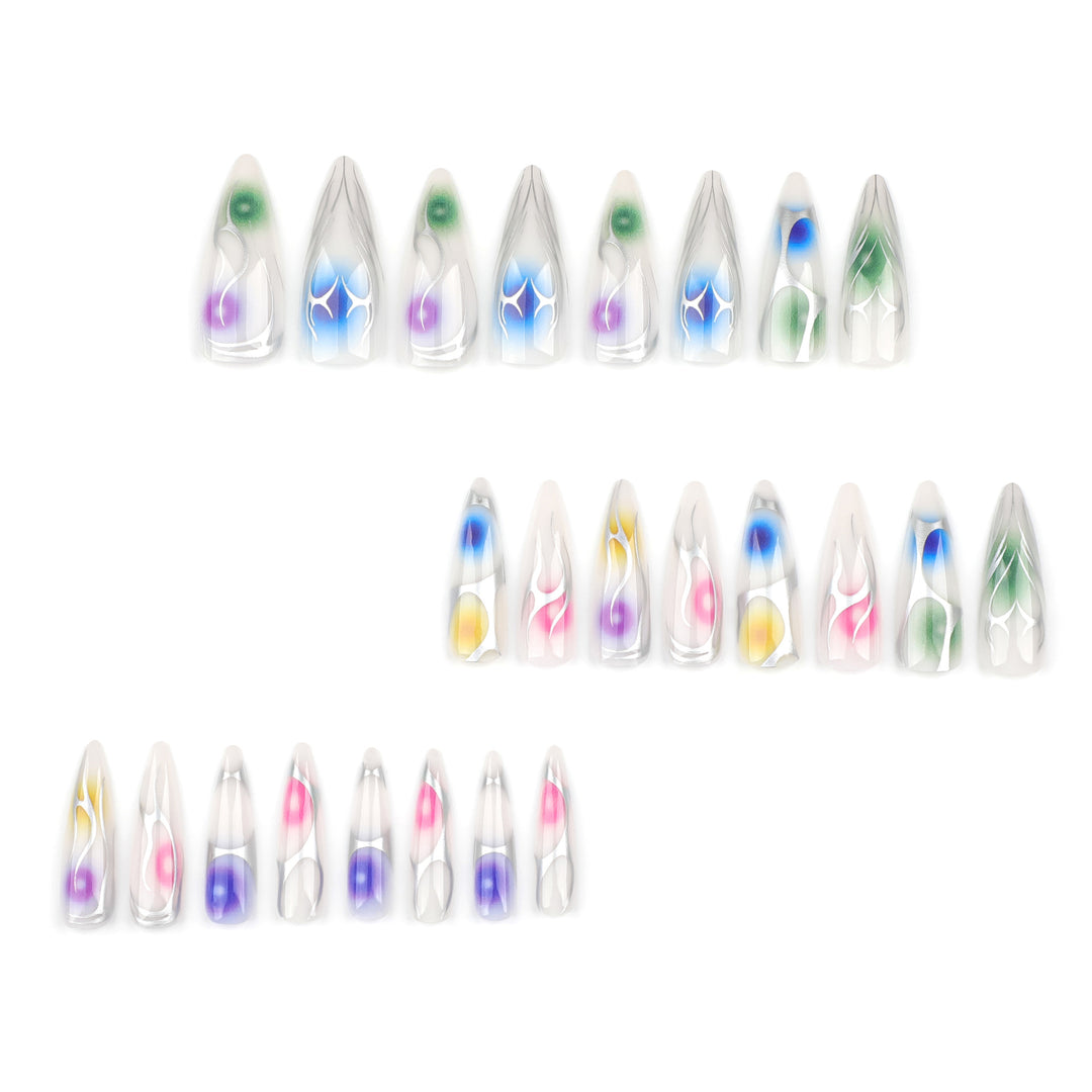 Artful stiletto nails with transparent design and colorful accents Stornfield