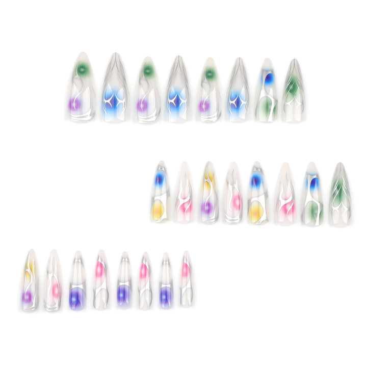 Artful stiletto nails with transparent design and colorful accents Stornfield