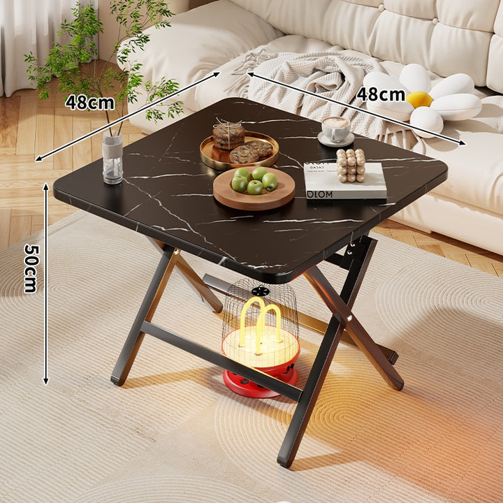 Square Foldable Marble-Effect Coffee Table with Cross-Leg Metal Frame