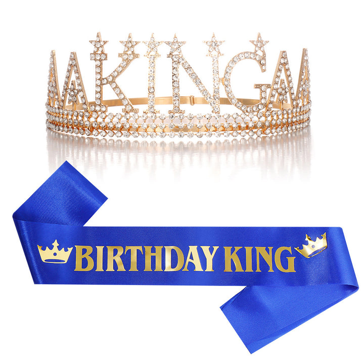Ladies Glittering Birthday Crown with a Regal "Birthday King" Sash Set Stornfield