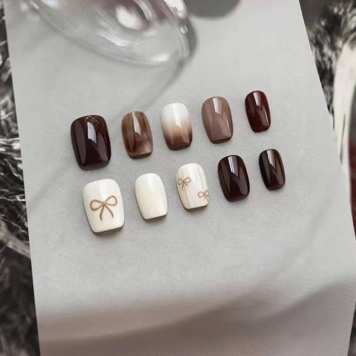 Stylish Glossy Press-On Nail Set with Bow Designs