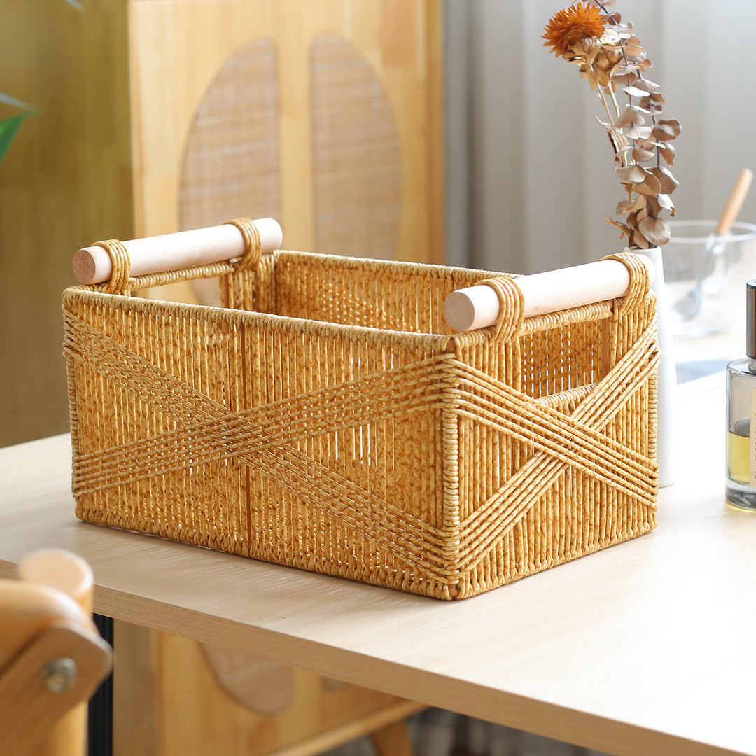 Unisex Functional Storage Basket with Ergonomic Wooden Handles Stornfield