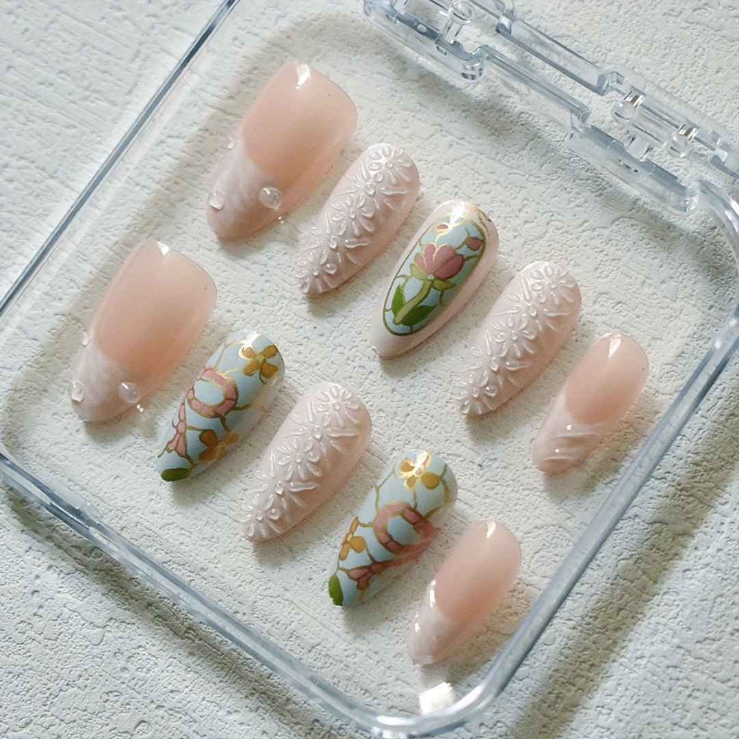 Artistic Floral and Gemstone Press-On Nail Set Stornfield
