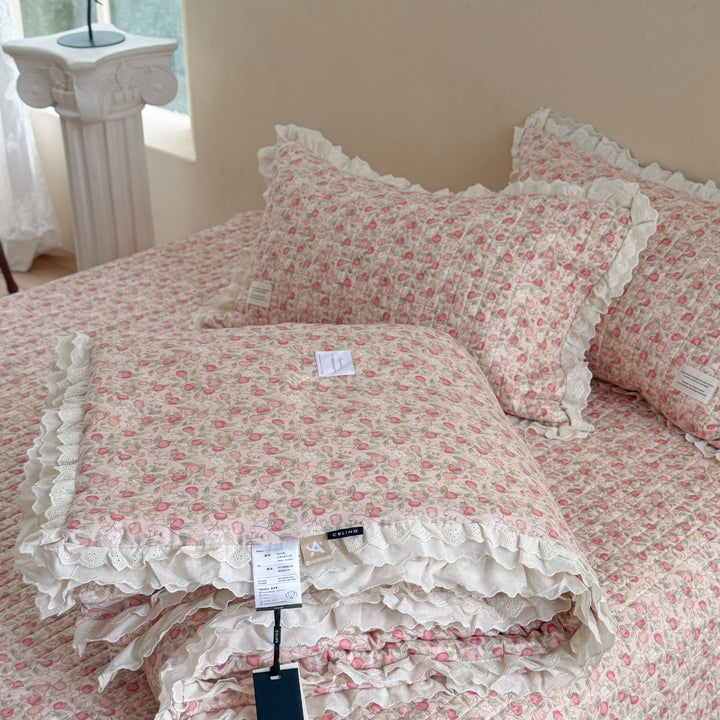 Quilted Floral Ruffled Bedding Set with Eyelet Lace Trim