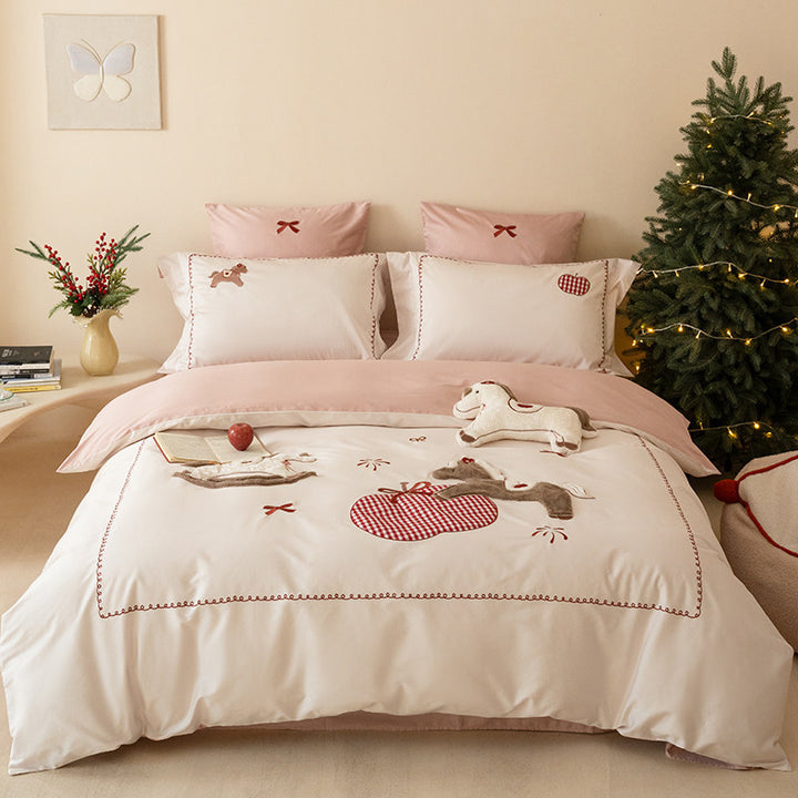 Embroidered Appliqué Horse & Gingham Apple Cotton-Sateen Duvet Cover Set