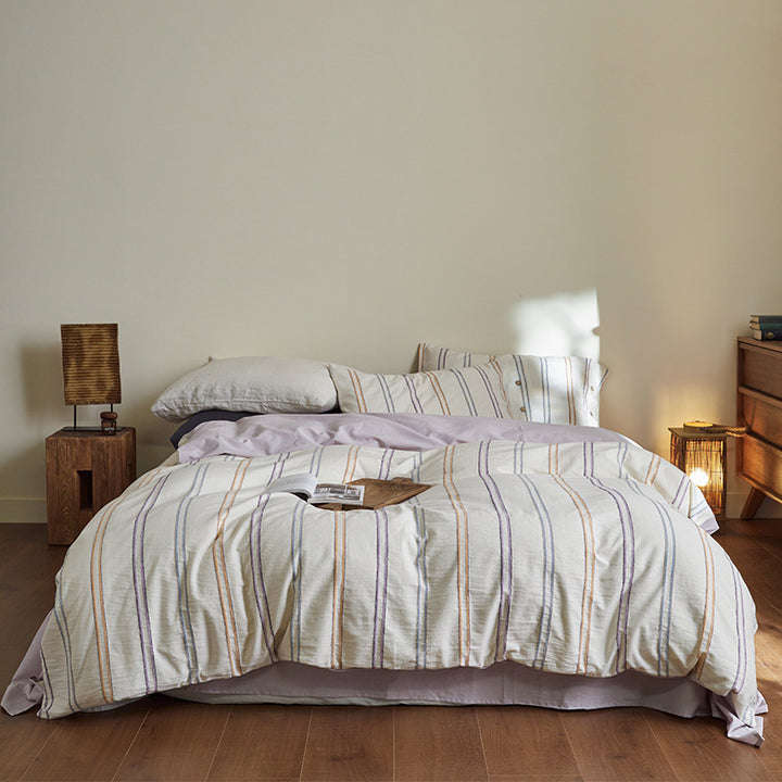 Washed Linen-Cotton Striped Duvet Cover Set with Button-Detail Pillowcases & Corner Ties