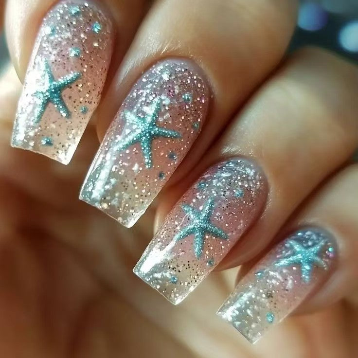 Glittering artificial nails with maritime star motif Stornfield