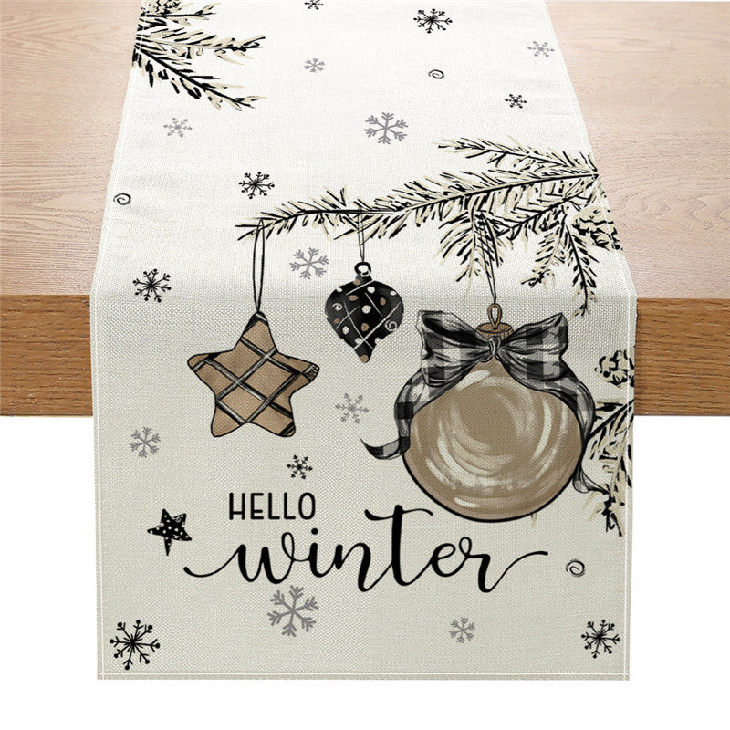 Festive Printed Cotton Linen Table Runner with Holiday Ornament Motif and Merry Christmas Script