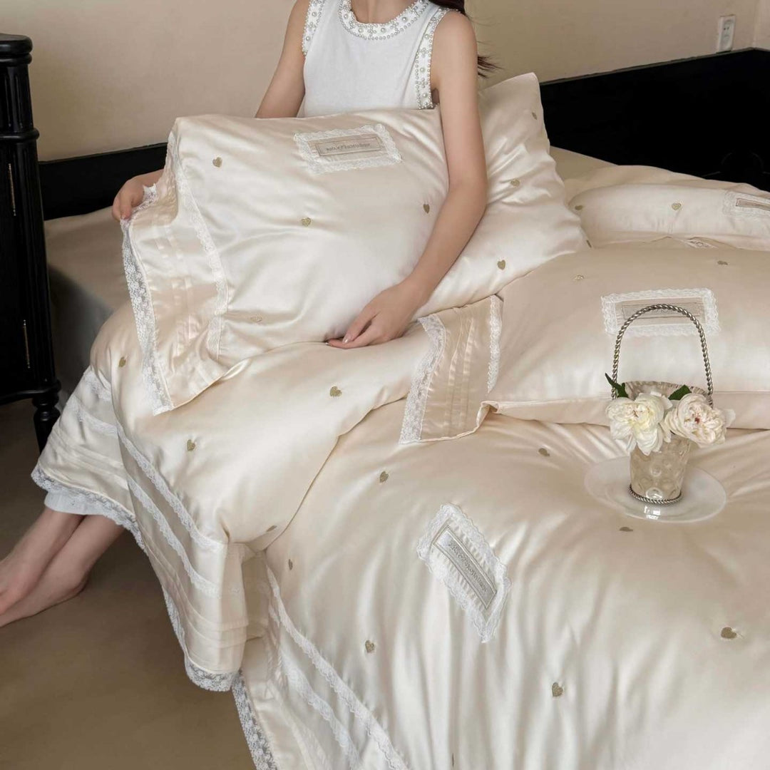 Luxury Embroidered Satin Duvet Cover Set with Lace Trim