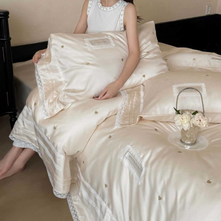 Luxury Embroidered Satin Duvet Cover Set with Lace Trim