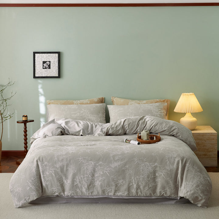 Luxurious cotton satin bedding set with discreet bamboo print and reversible feature