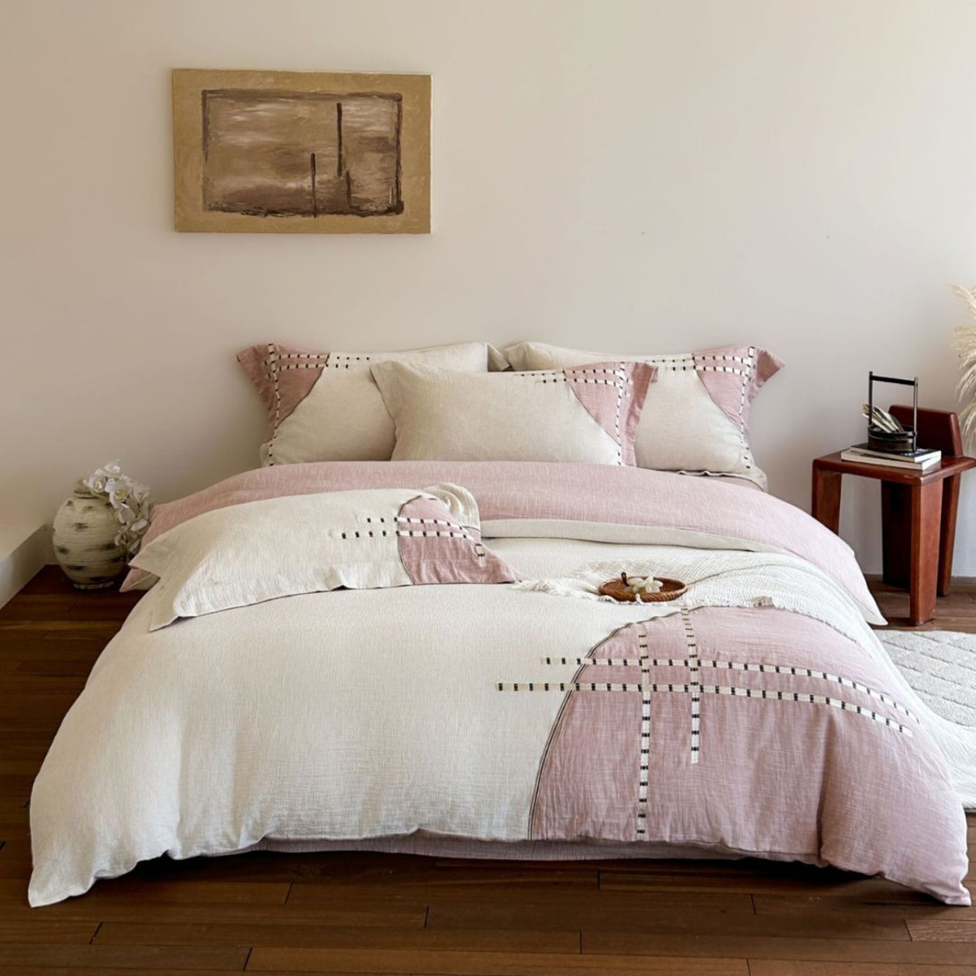 Cotton-Linen Textured Reversible Duvet Cover Set with Patchwork Stitch Detail