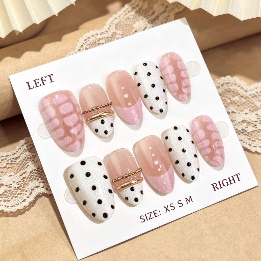 Artistic Press-On Nail Set with Polka Dots and Metallic Accents