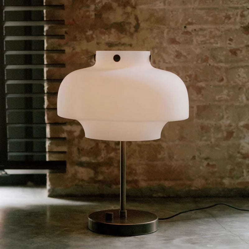 Contemporary Table Lamp with Elegant Opal Glass Shade and Vintage Brass Base