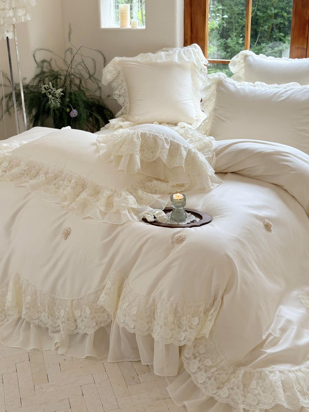 Victorian-Inspired Ruffled Lace Duvet Cover and Sham Set