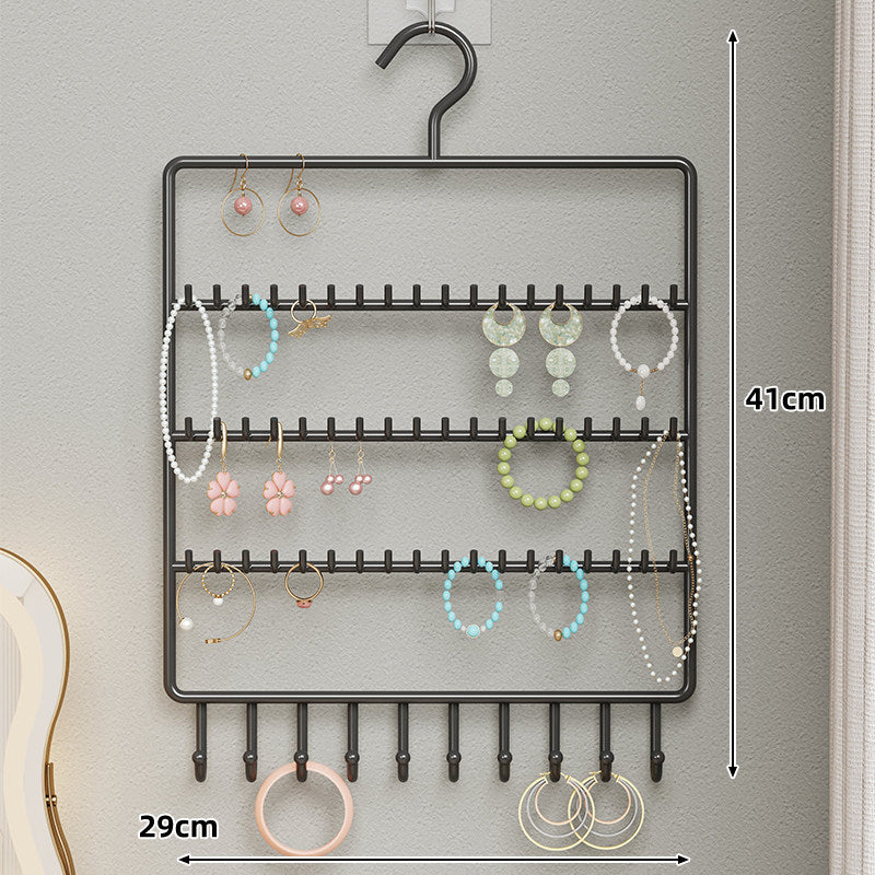 Wall-Mounted Multi-Row Jewelry and Earring Organizer Hanger with Integrated Necklace Hooks