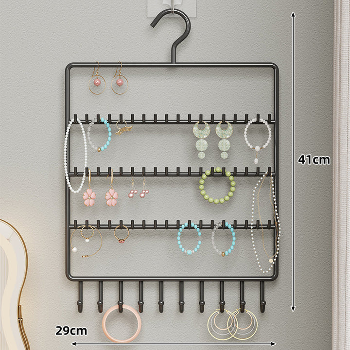 Wall-Mounted Multi-Row Jewelry and Earring Organizer Hanger with Integrated Necklace Hooks