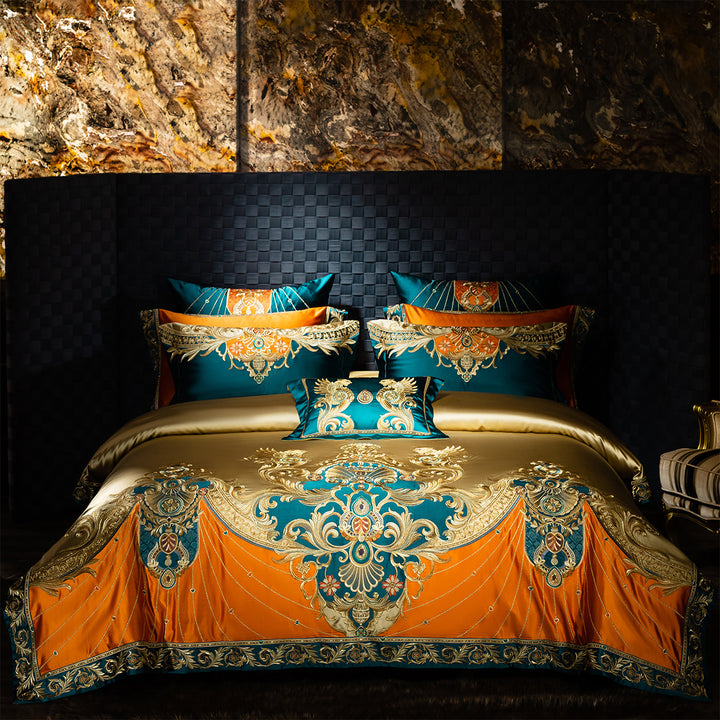 Baroque Luxe Embroidered Satin Duvet Cover & Sham Ensemble