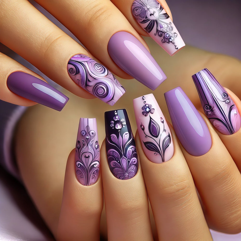 Artificial nails with intricate purple pattern Stornfield