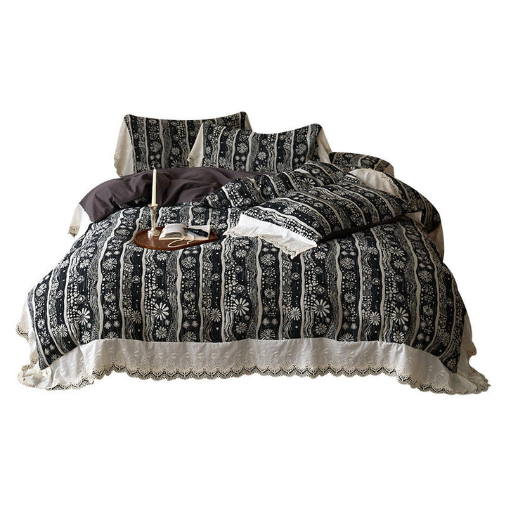 Bohemian Lace-Trim Cotton Duvet Cover Set with Pillow Shams