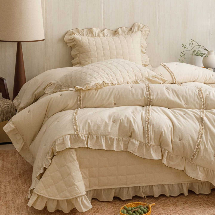 Quilted Ruffled Linen-Blend Duvet Cover Set with Bedskirt and Pillow Shams