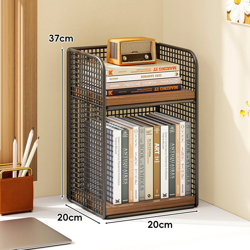 Compact Vertical Two-Tier Metal Grid Desktop Bookshelf Organizer with Solid Wood Shelves