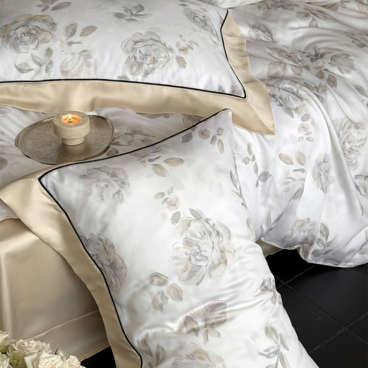 Luxury Watercolor Rose Sateen Duvet Cover Set with Satin-Back and Piped Shams