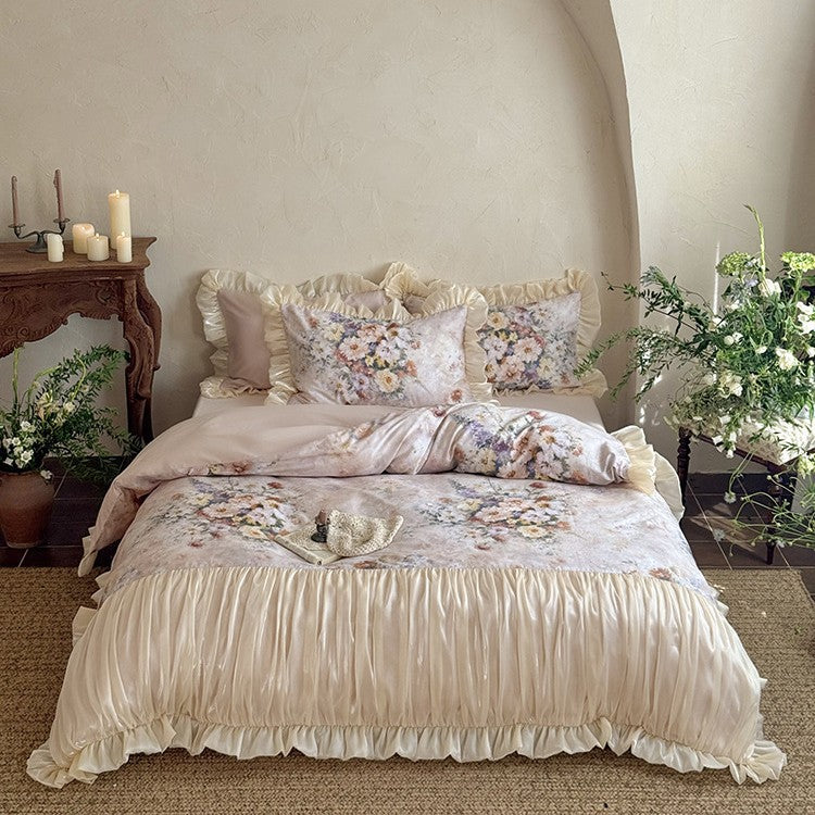 Luxurious bedding set made of cotton satin with floral watercolor print, gathered satin border, and frill pillow