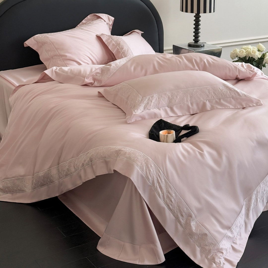 Sateen Duvet Cover Set with Delicate Vine Embroidery and Deep-Fitted Skirt