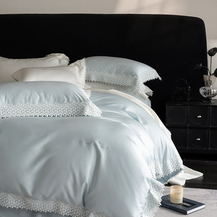 Luxurious satin bedding set with fine lace trim