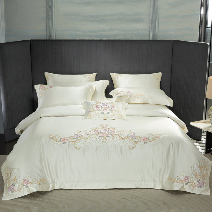 Silk-Look Botanical Embroidered Duvet Cover Ensemble with Decorative Pillow and Euro Shams