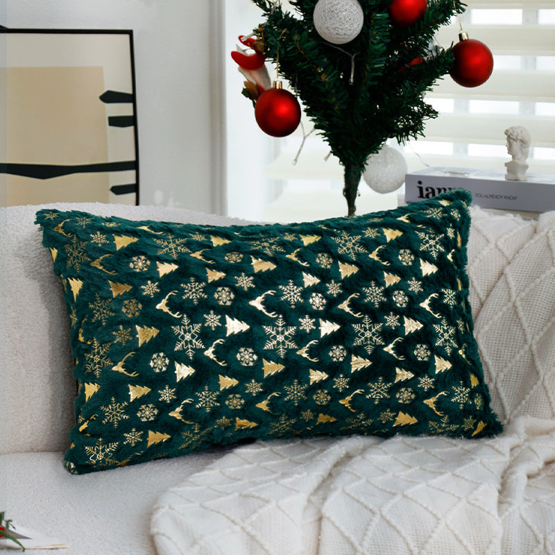 Square Christmas pillowcase made of velvet with deer, Christmas tree, and snowflake design Stornfield