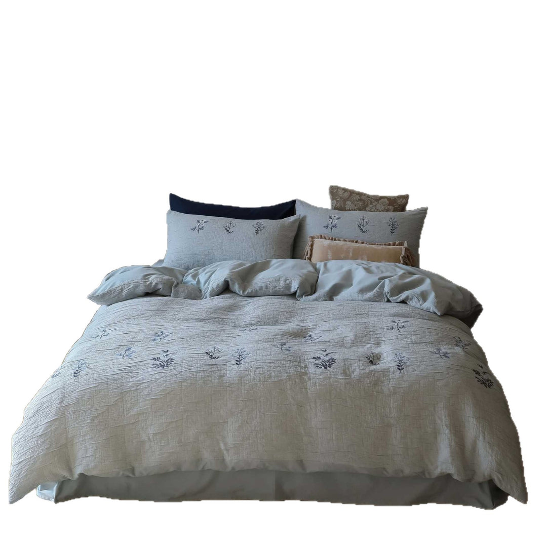 Embroidered Botanical Linen-Texture Duvet Cover Set with Quilted Stitching and Oxford Shams