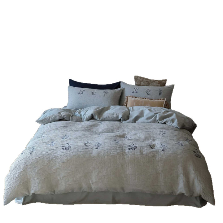 Embroidered Botanical Linen-Texture Duvet Cover Set with Quilted Stitching and Oxford Shams