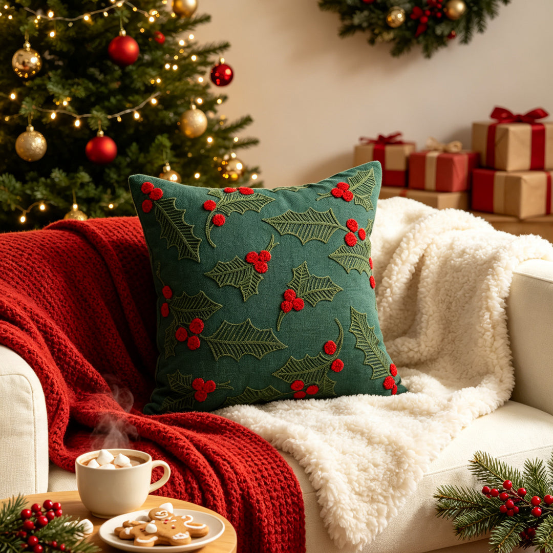 Holiday Holly Embroidered Velveteen Throw Pillow with Pom Berry Accents