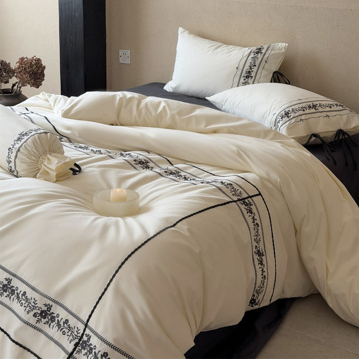 Embroidered Floral Border Cotton Sateen Duvet Cover Set with Pillow Shams and Bolster