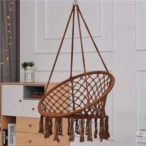 Macrame hanging chair with complete ceiling mounting kit and decorative tassel fringe Stornfield