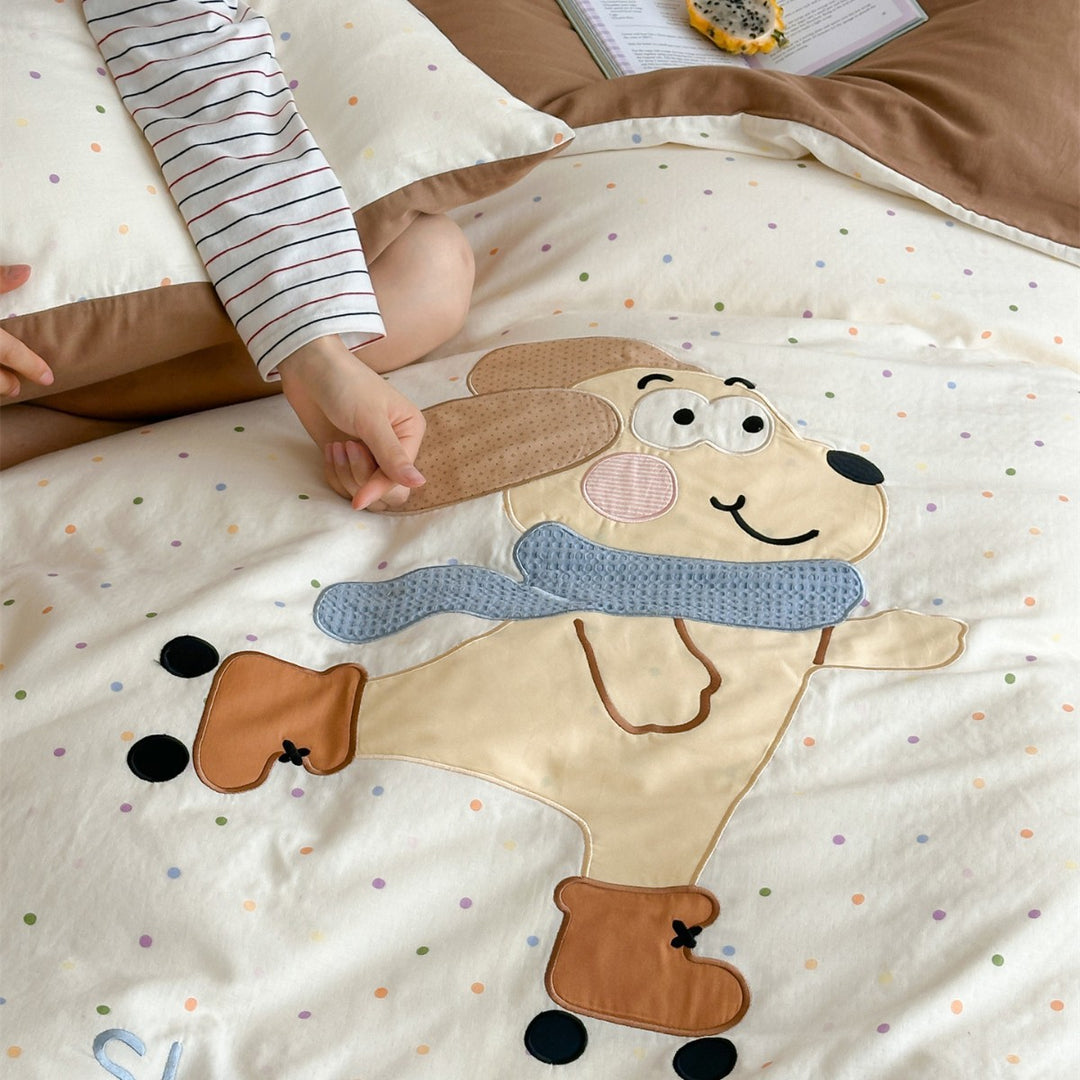 Kids Cotton Duvet Cover Set with Appliqué Bunny and Pastel Heart Print Reversible Lining