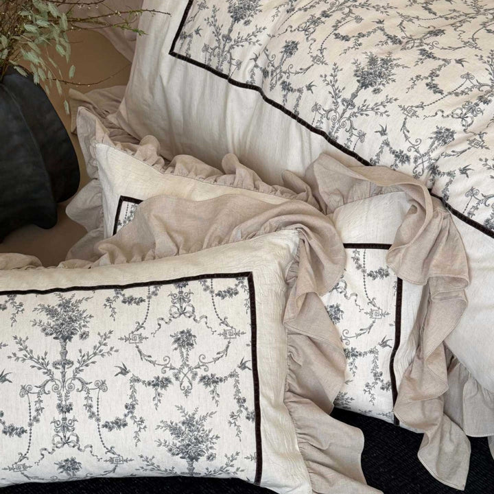 Ruffled Linen-Cotton Duvet Cover Set with Embroidered Toile Panel and Pillow Shams