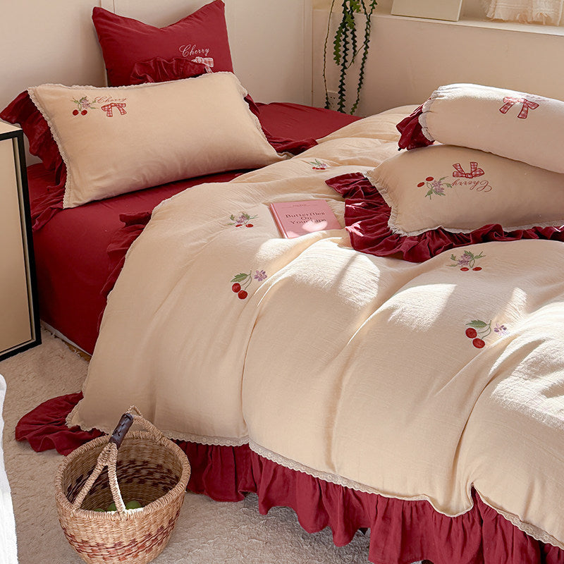 Vintage Cherry Embroidered Ruffled Cotton Duvet Cover Set